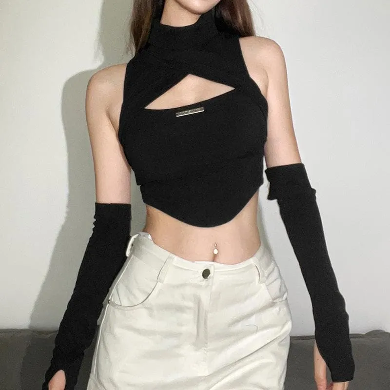 Sleeveless high neck hollow out solid gloves crop cut out top