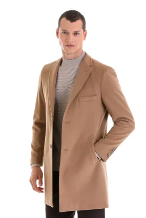 Slim Fit Chest Pocket Notch Lapel Camel Wool Blend Overcoat