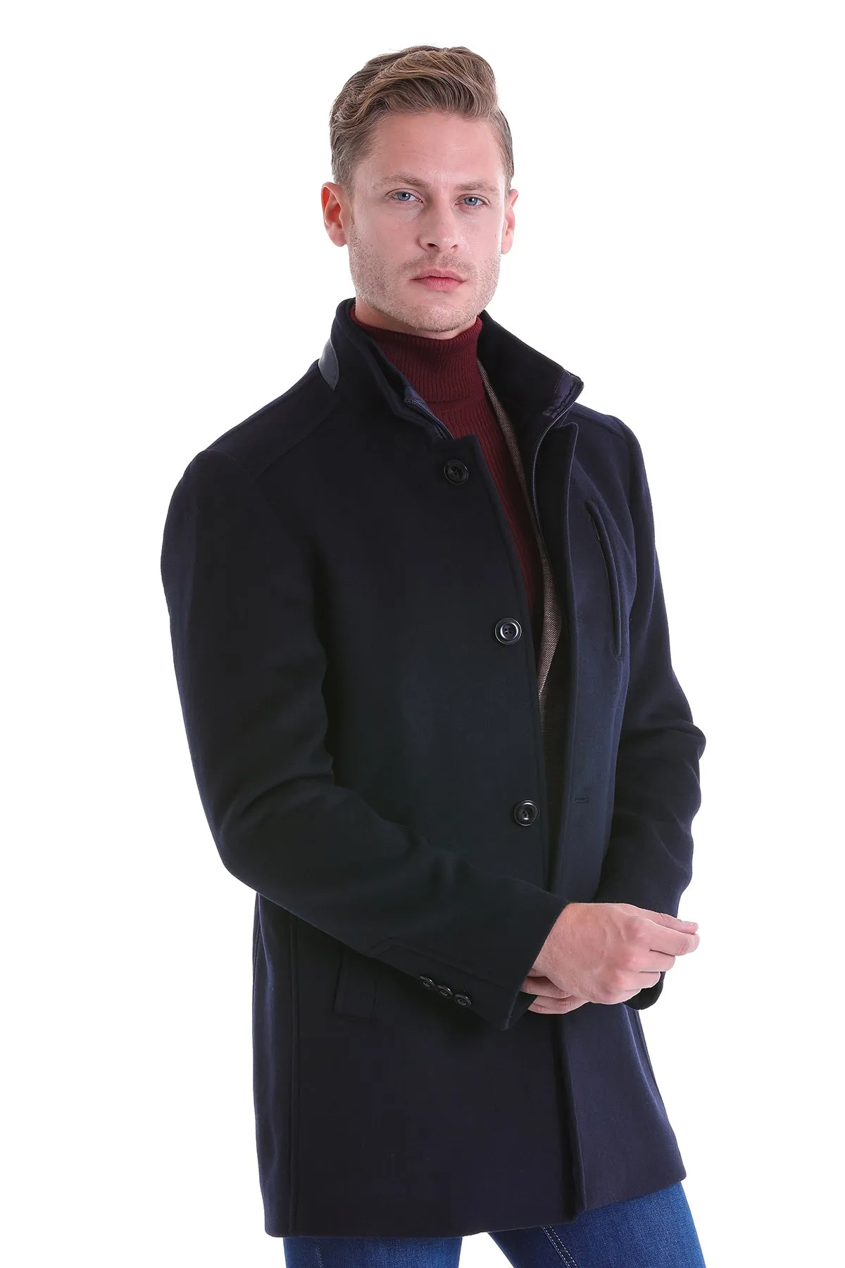 Slim Fit Zipper with Button Placket Navy Wool Blend Overcoat