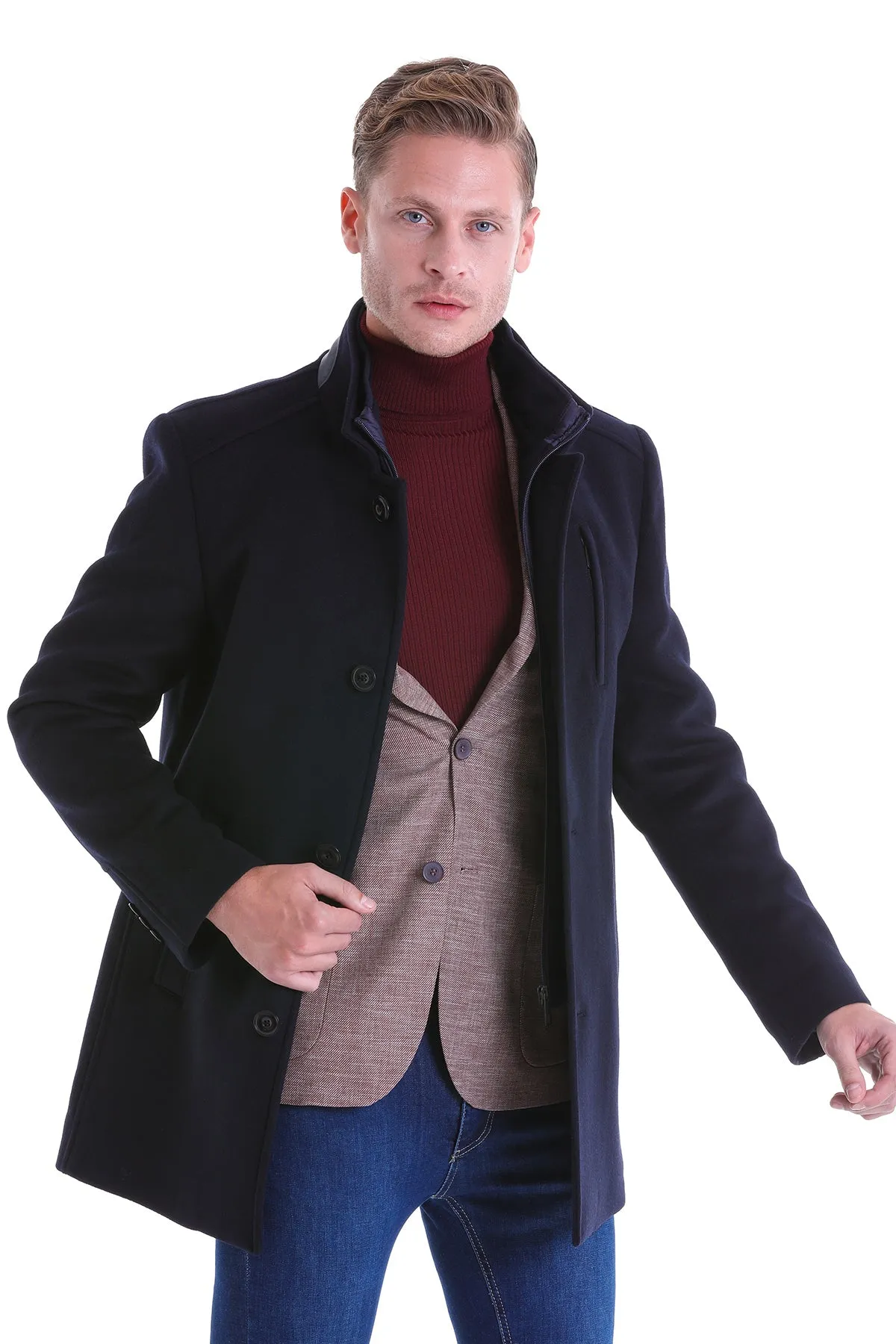 Slim Fit Zipper with Button Placket Navy Wool Blend Overcoat