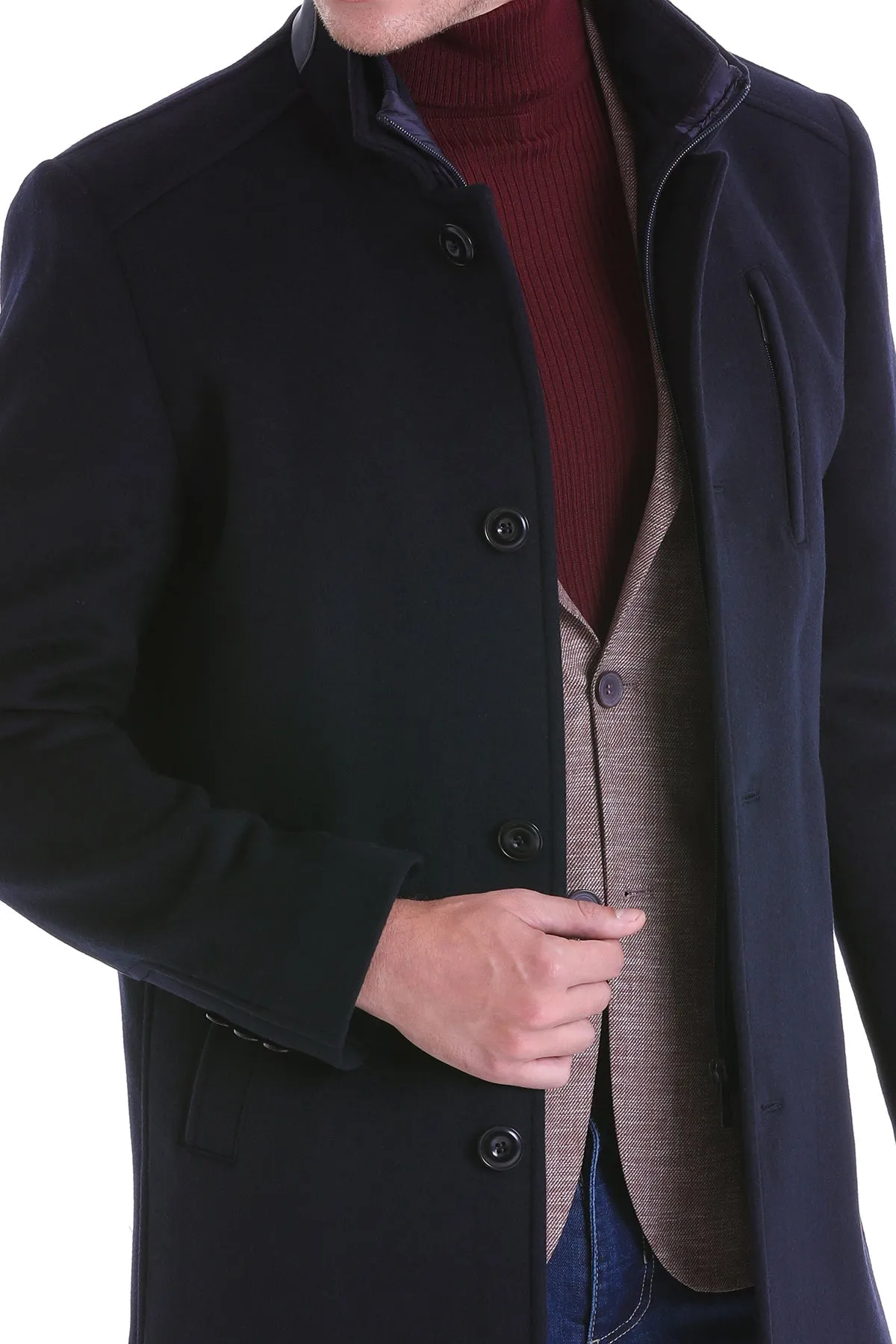 Slim Fit Zipper with Button Placket Navy Wool Blend Overcoat