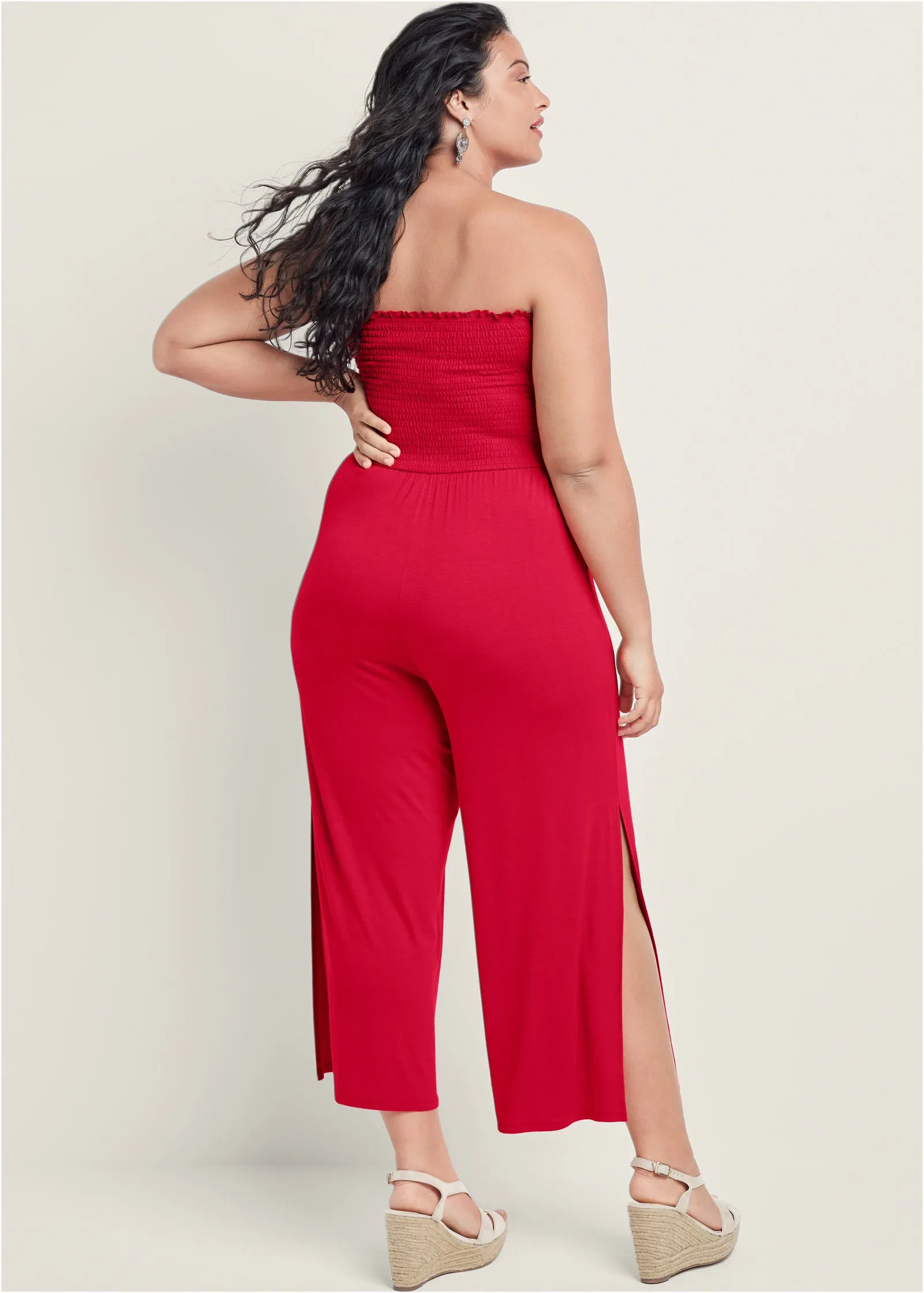 Smocked Tie-Front Jumpsuit - Red