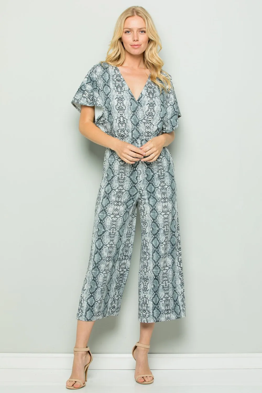 Snake Print Surplice Jumpsuit, Grey