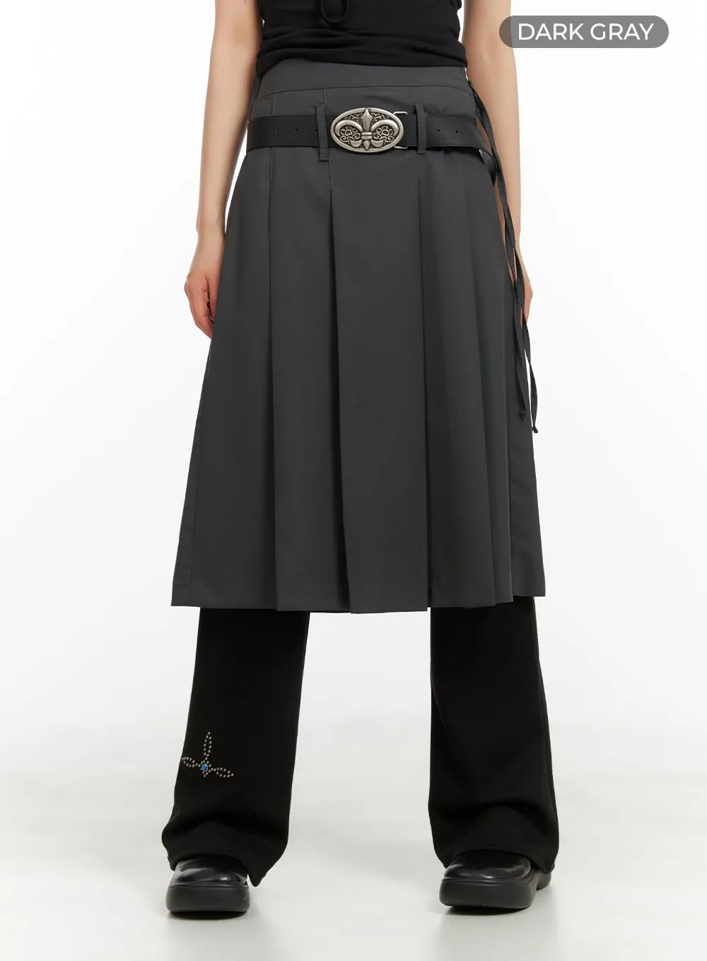 Solid Strap Pleated Midi Skirt CA418