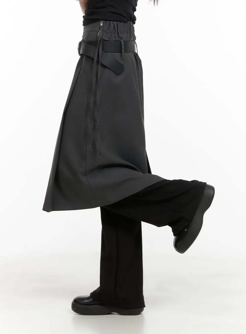 Solid Strap Pleated Midi Skirt CA418