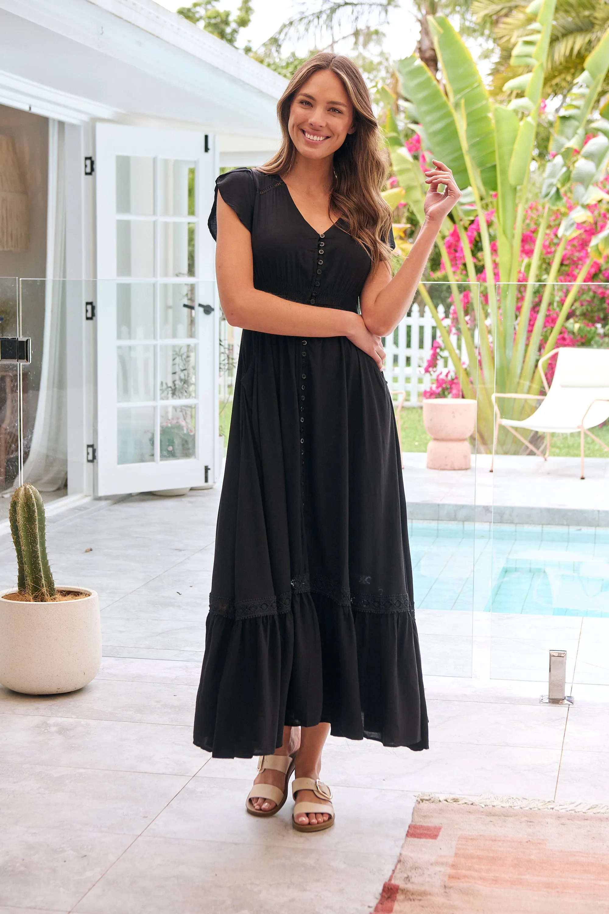 Stella Black Plain Button Front Maxi Dress