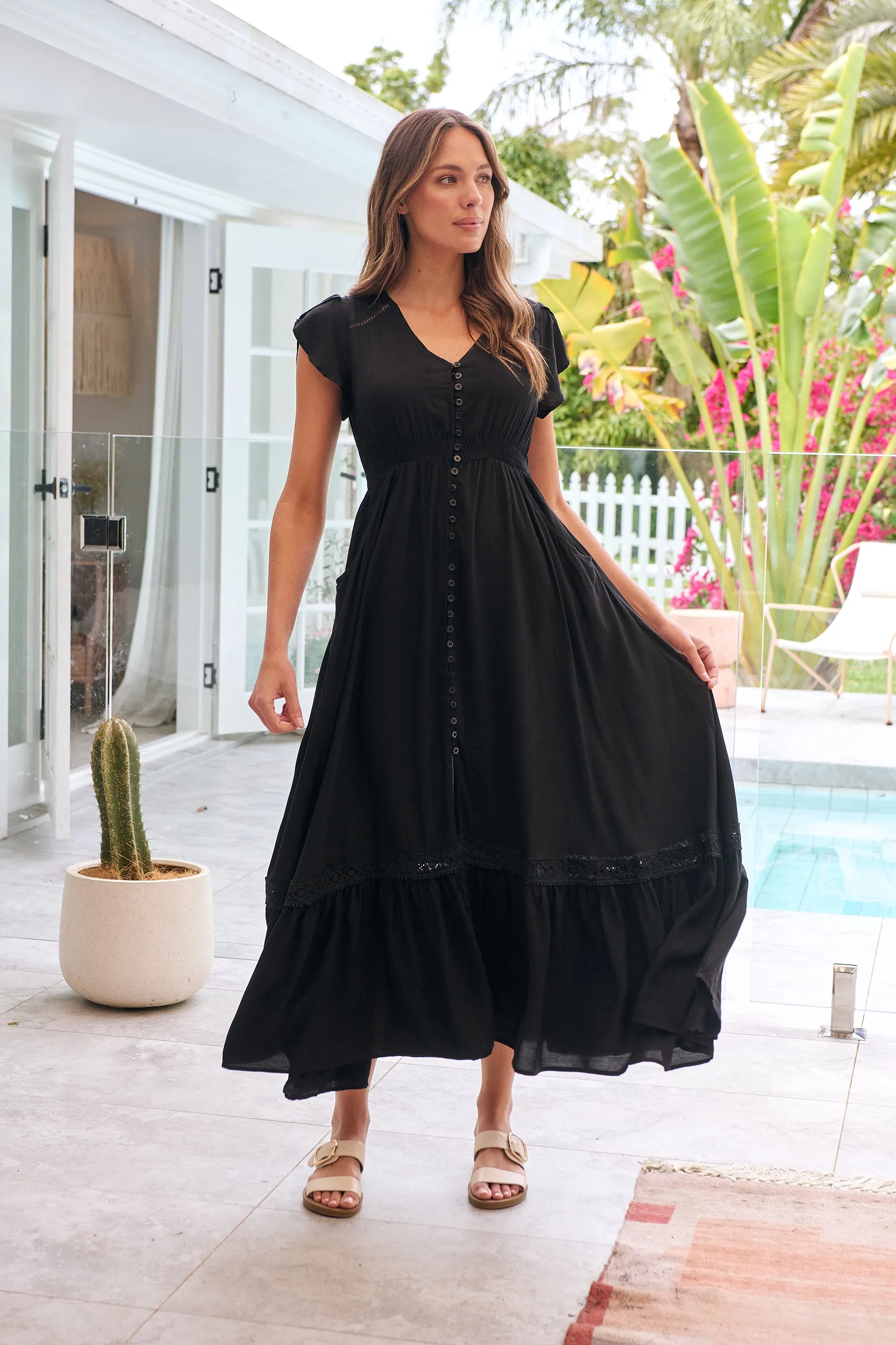 Stella Black Plain Button Front Maxi Dress