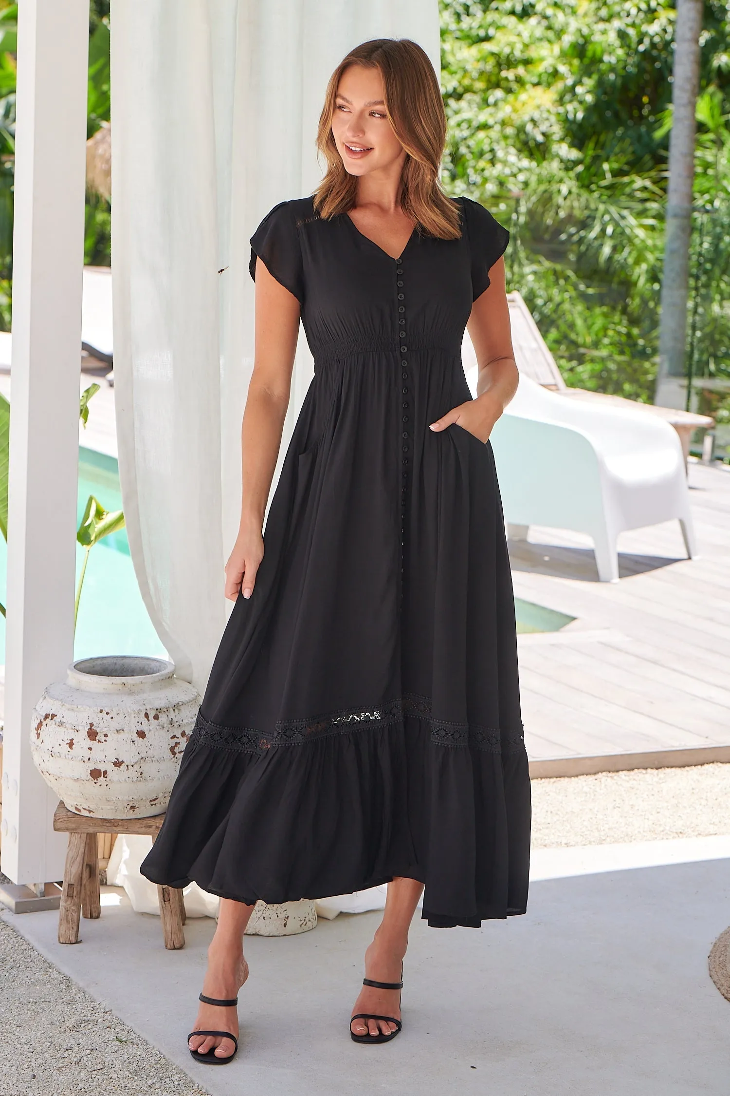 Stella Black Plain Button Front Maxi Dress