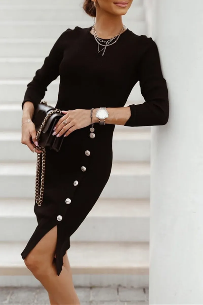 Street Solid Buckle O Neck Pencil Skirt Dresses