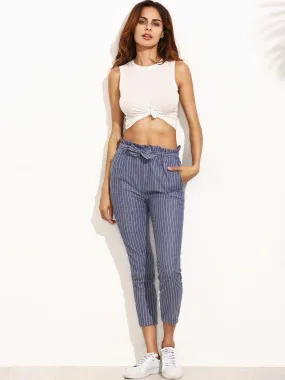 Striped Ruffled Waist Self Tie Pants