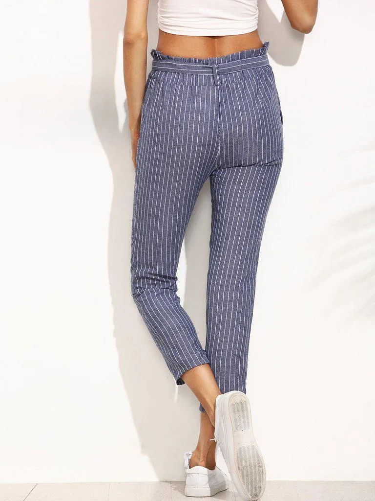 Striped Ruffled Waist Self Tie Pants