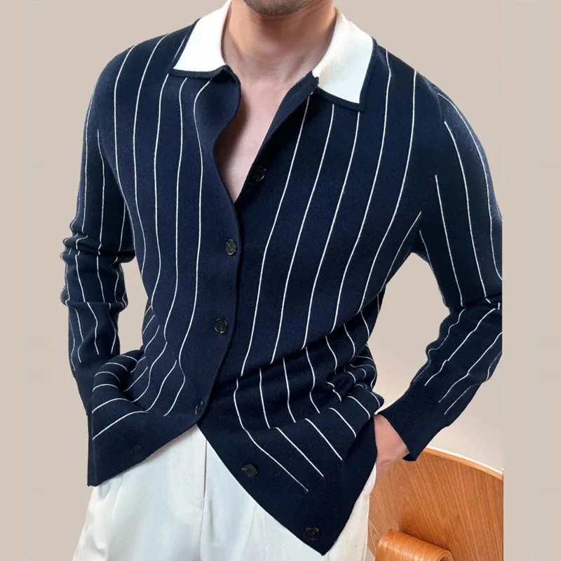 Striped Turn-Down Collar Button Cardigan