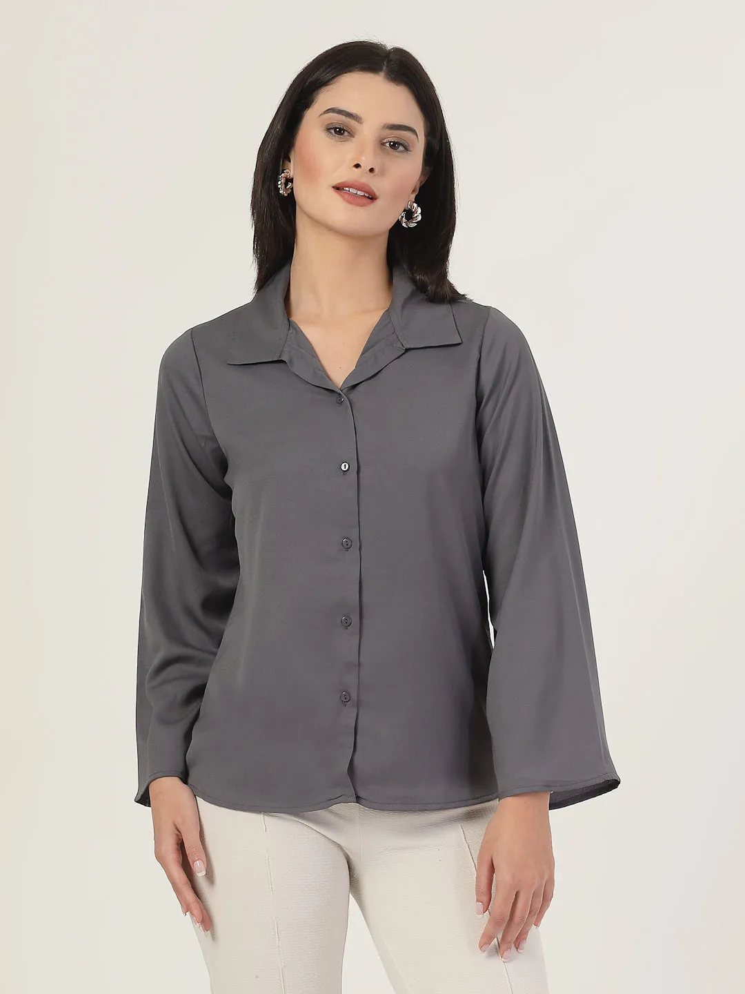 Style Quotient Women Solid Grey Polymoss Formal Shirt