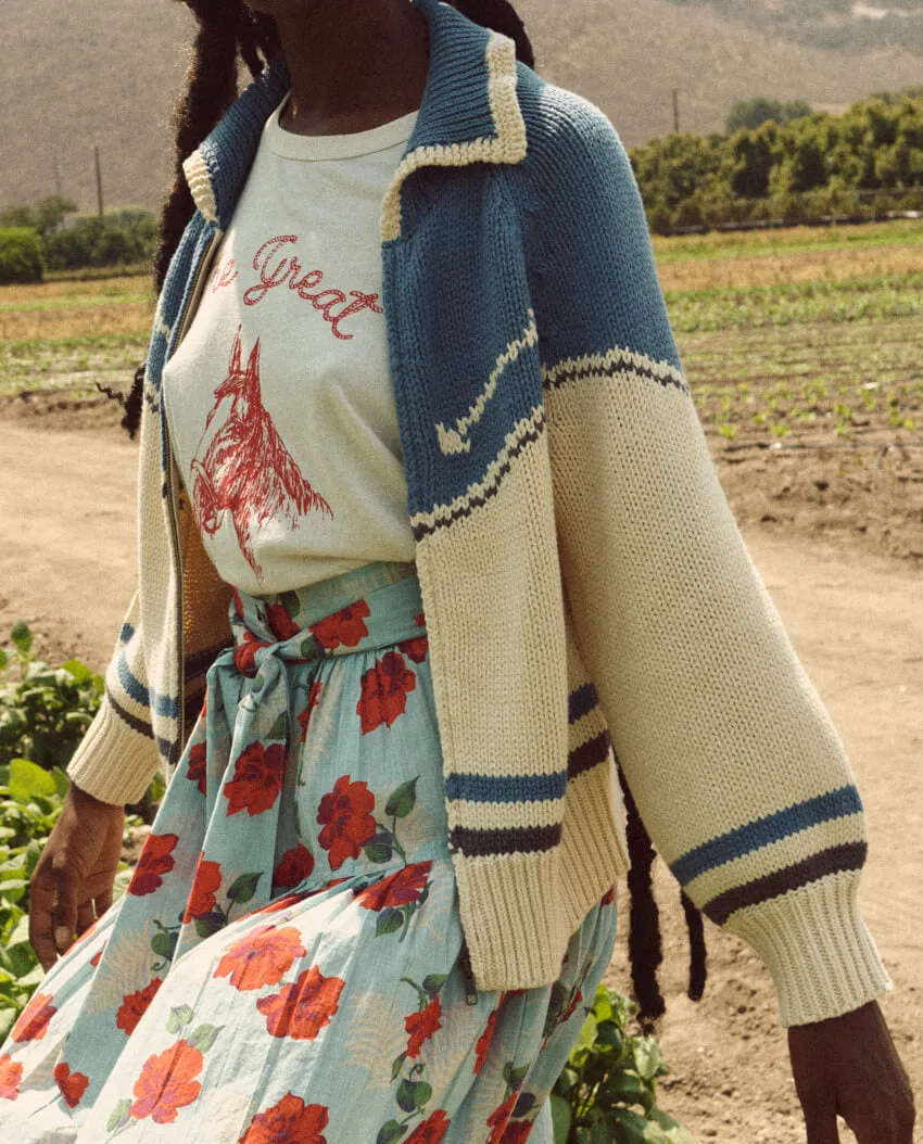 The Great - The Ranch Cardigan in Cream with Blue Jean