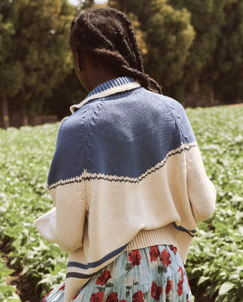 The Great - The Ranch Cardigan in Cream with Blue Jean