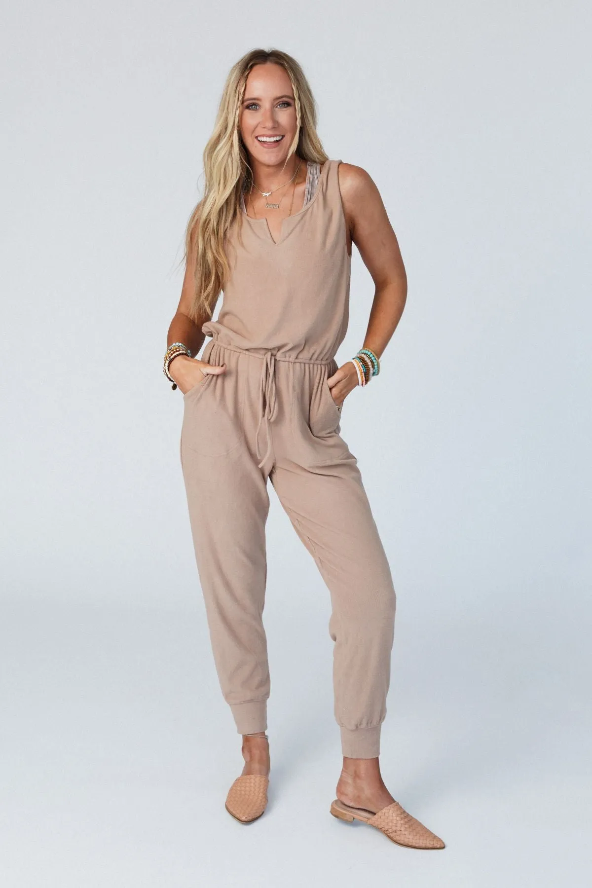 The Nest Chill Out Comfy Ribbed Jumpsuit - Mocha