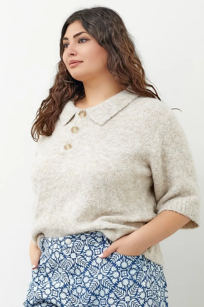 The Tori Boucle Polo Top - Oatmeal - PLUS