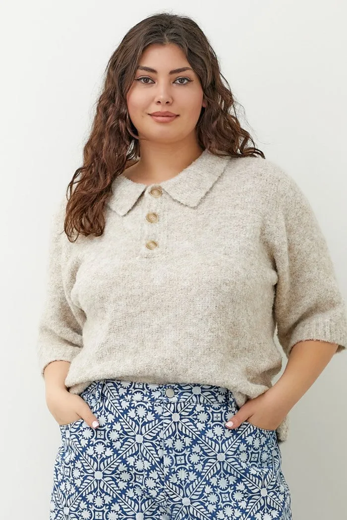 The Tori Boucle Polo Top - Oatmeal - PLUS