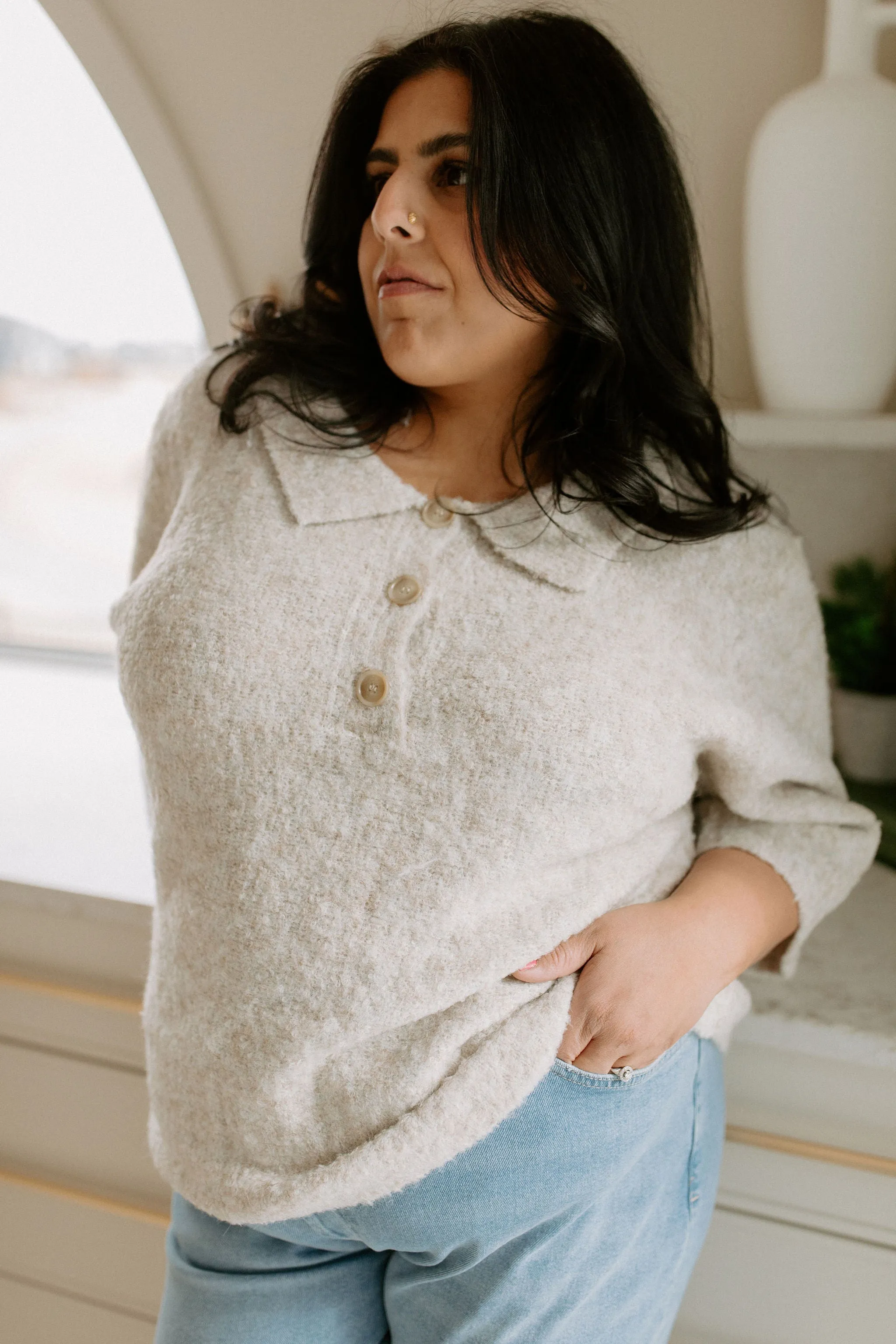 The Tori Boucle Polo Top - Oatmeal - PLUS