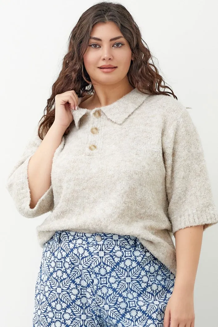 The Tori Boucle Polo Top - Oatmeal - PLUS