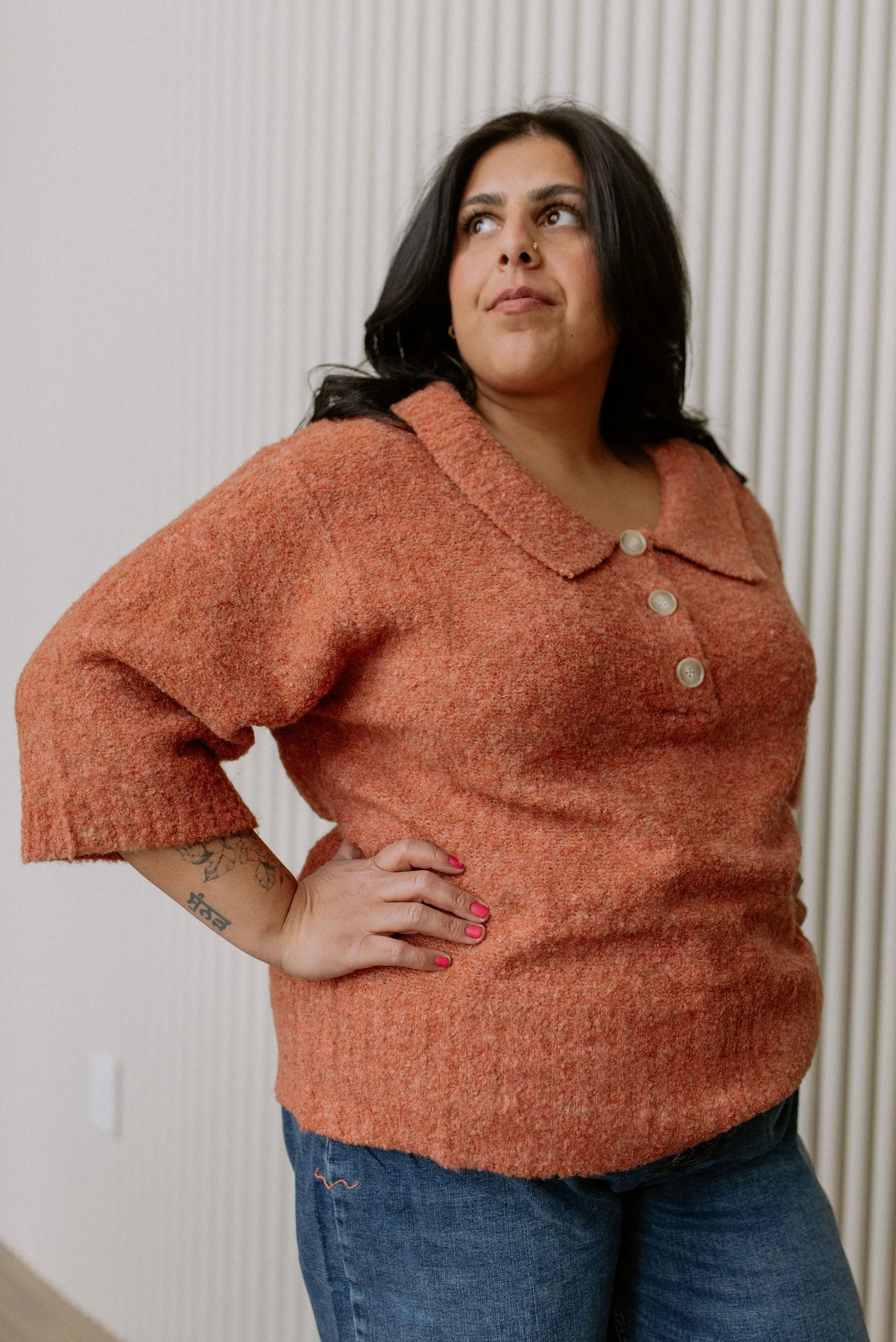 The Tori Boucle Polo Top - Terracotta - PLUS