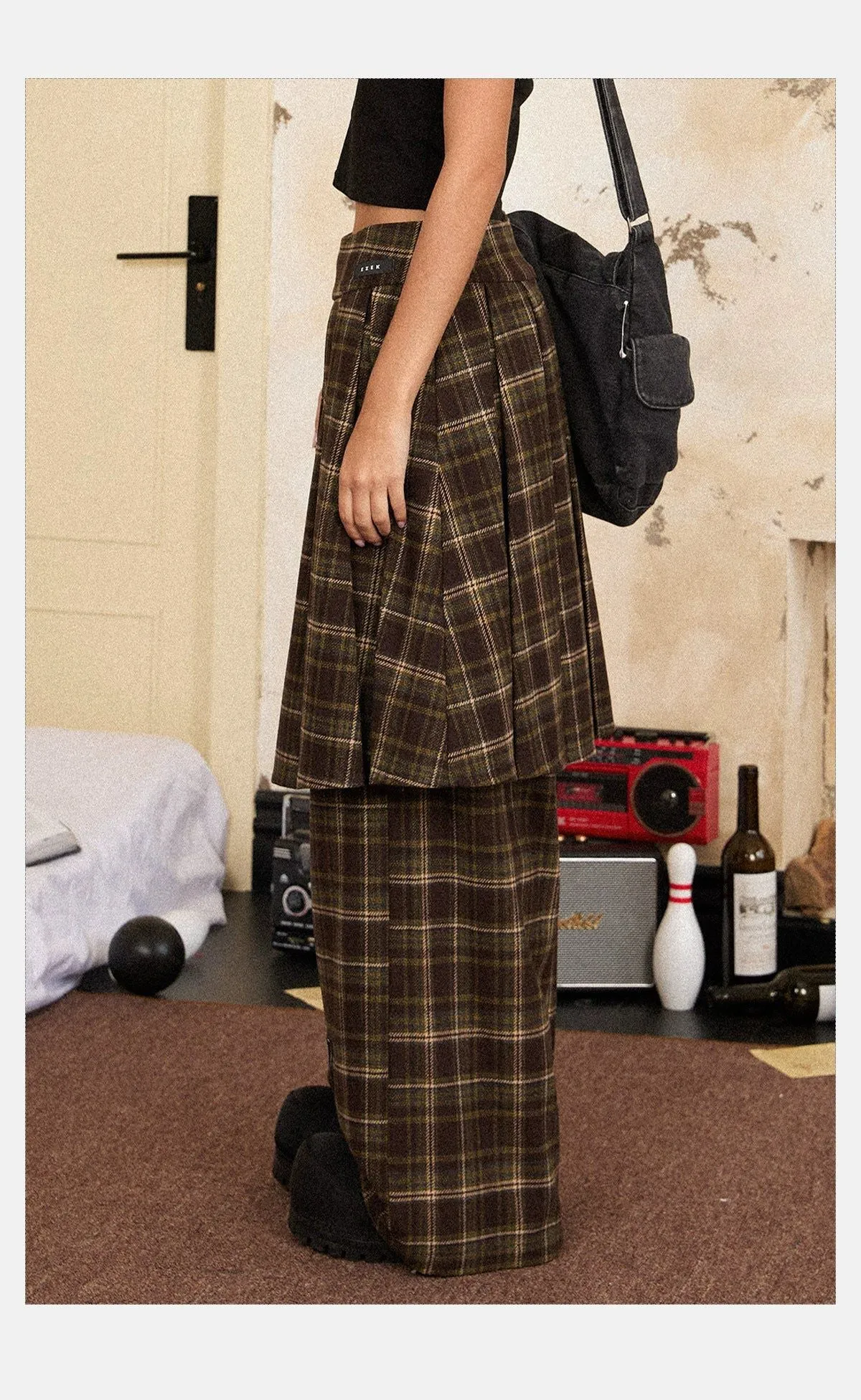 Tom Pleated Checked Skirt & Casual Pants Set