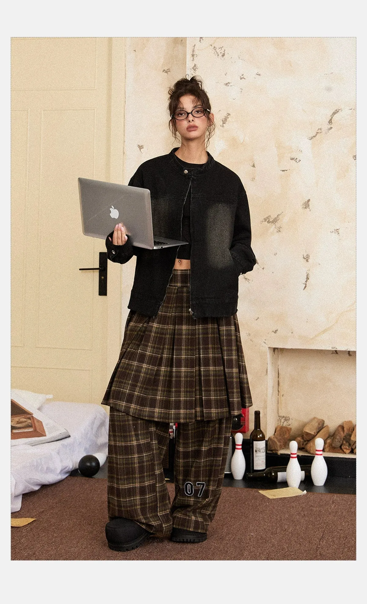 Tom Pleated Checked Skirt & Casual Pants Set