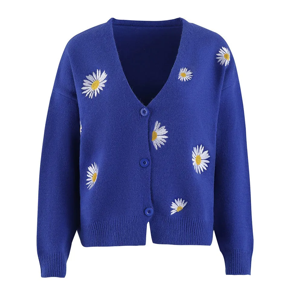 Trendy Women's Embroidered Cardigan - Stylish Single Breasted Sweater