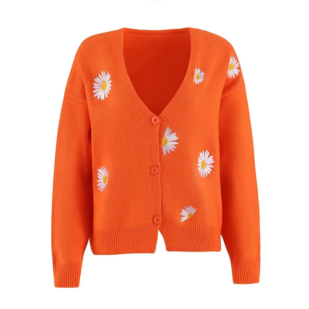 Trendy Women's Embroidered Cardigan - Stylish Single Breasted Sweater