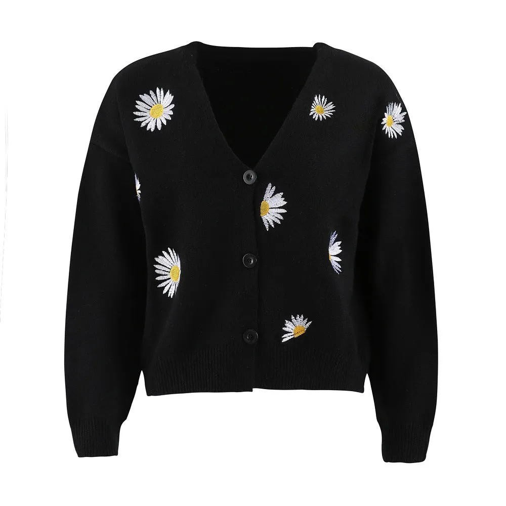 Trendy Women's Embroidered Cardigan - Stylish Single Breasted Sweater