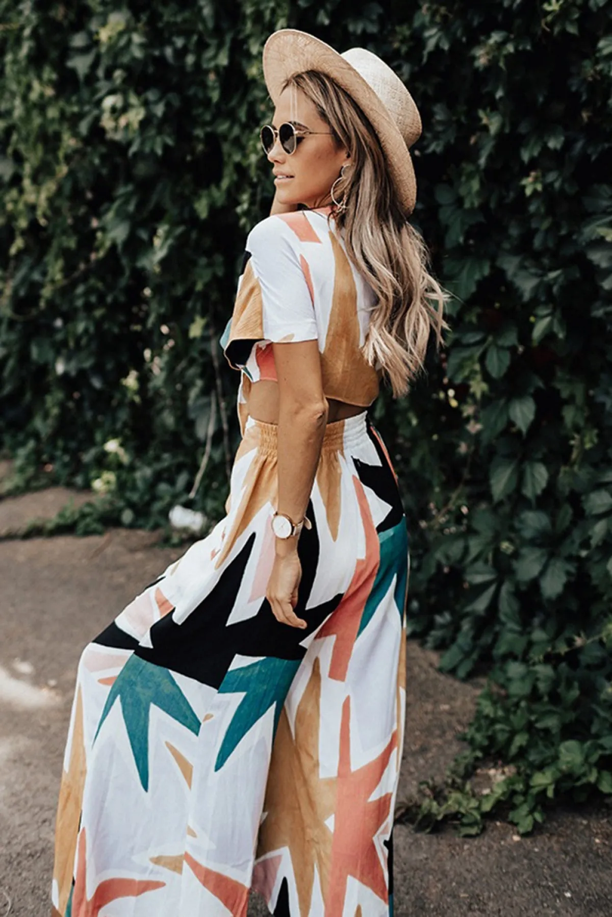 Tropical Print Crop Top And Flare Wide Leg Pants Set