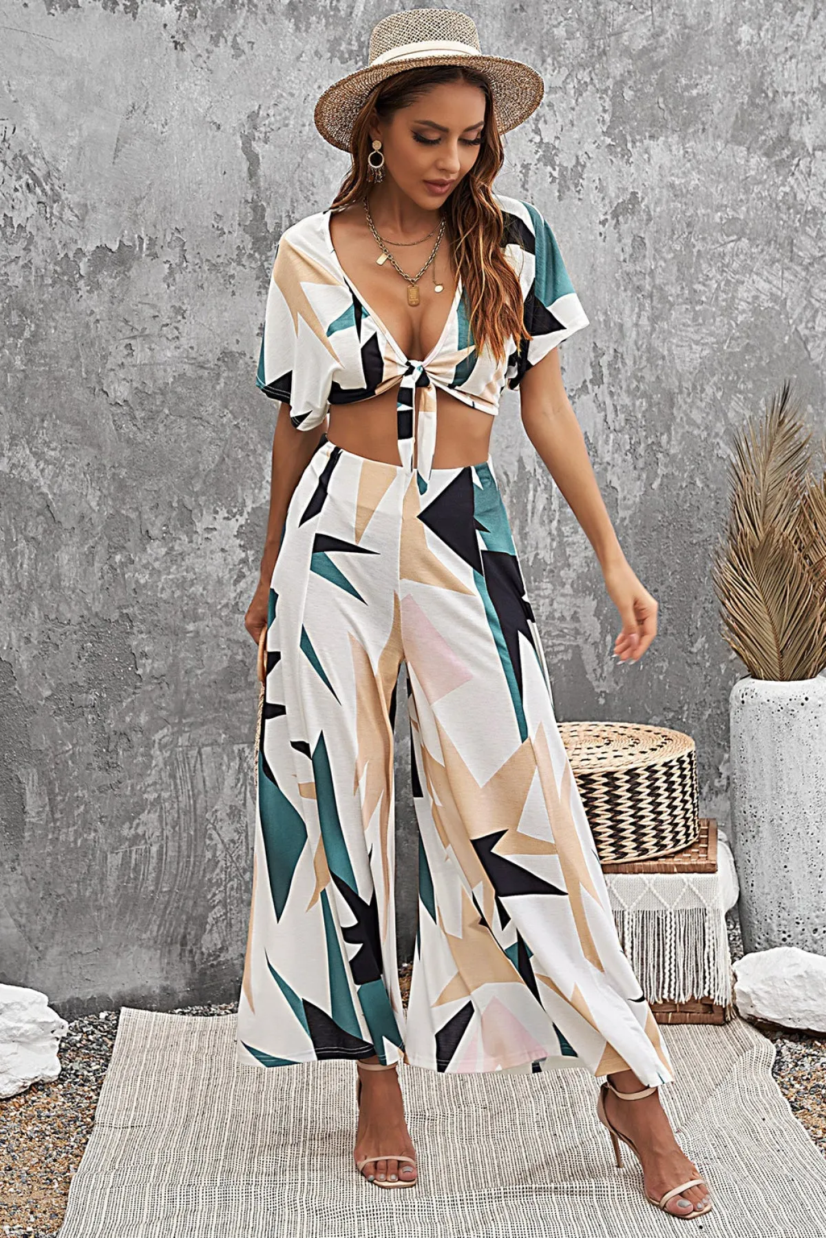 Tropical Print Crop Top And Flare Wide Leg Pants Set