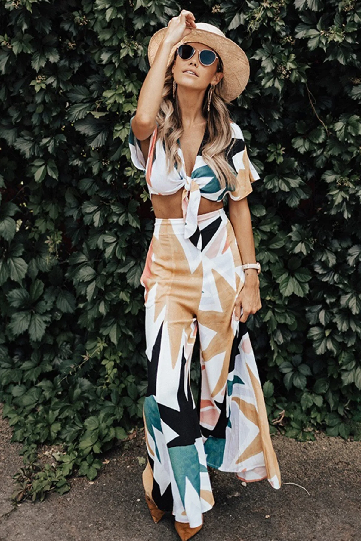 Tropical Print Crop Top And Flare Wide Leg Pants Set