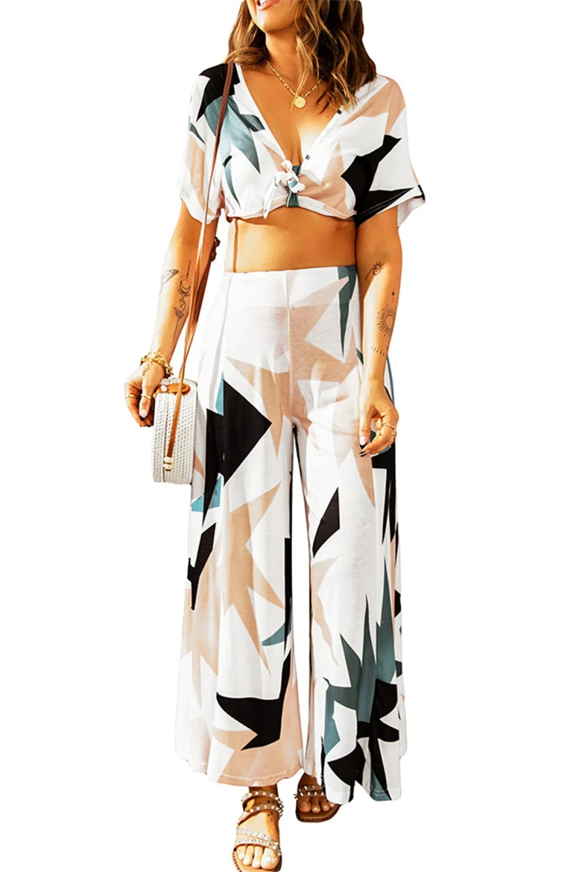 Tropical Print Crop Top And Flare Wide Leg Pants Set