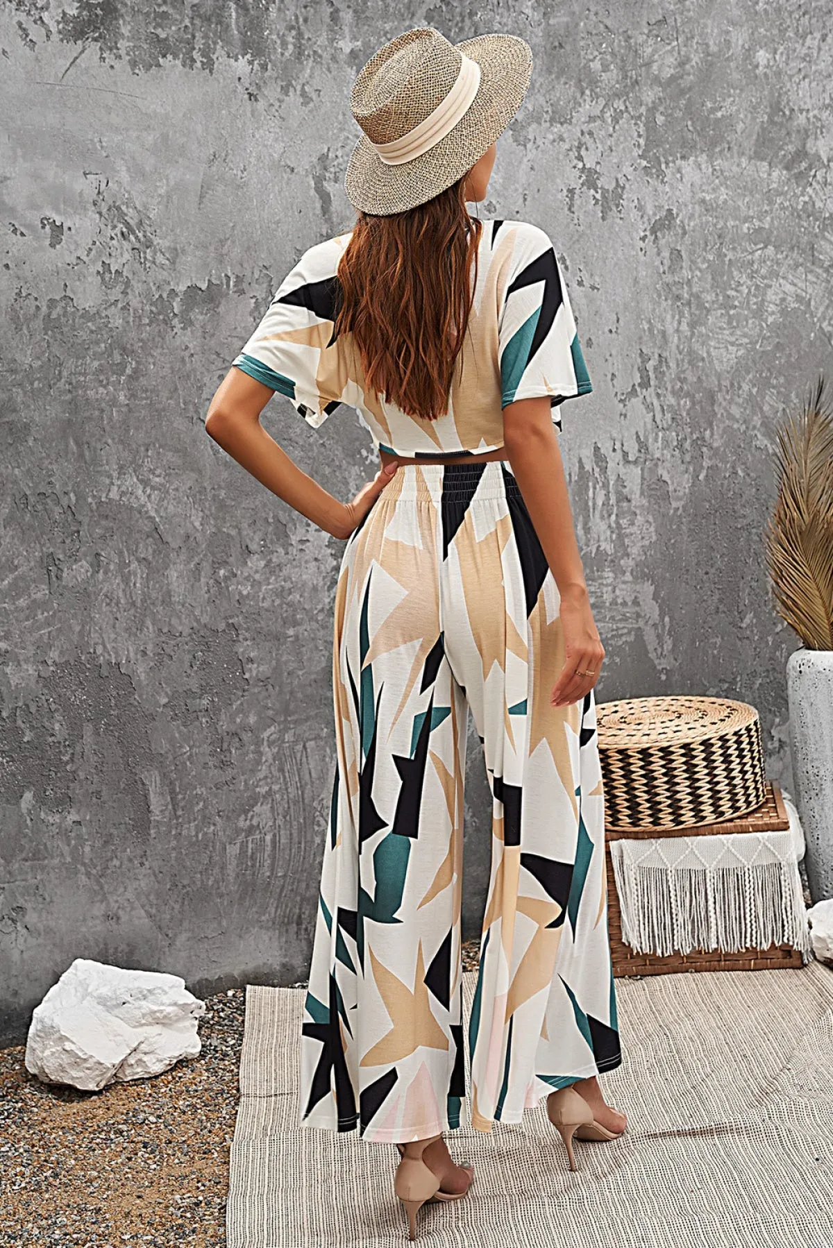 Tropical Print Crop Top And Flare Wide Leg Pants Set