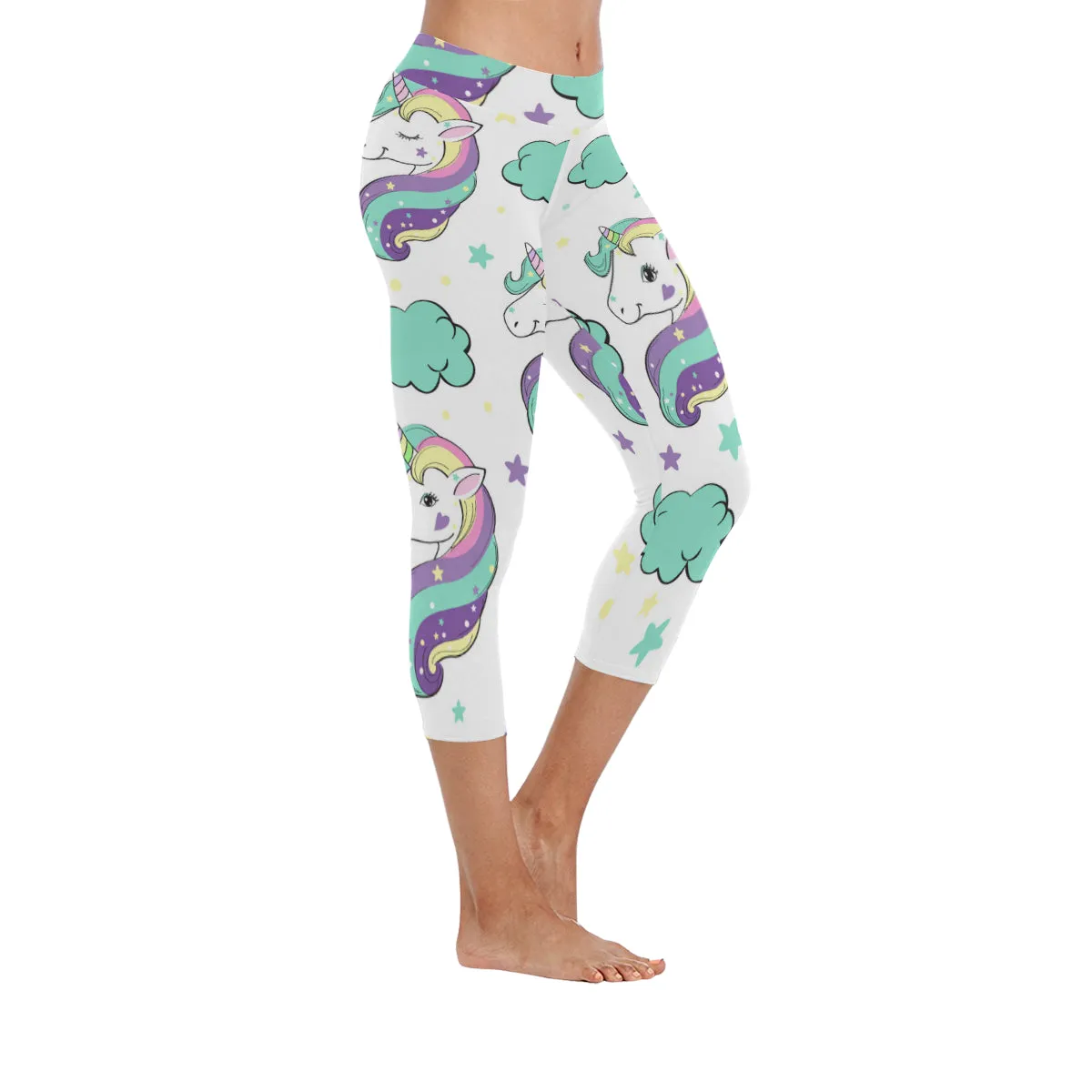 Unicorn in the clouds Pop Art Women's Low Rise Capri Leggings (Invisible Stitch)