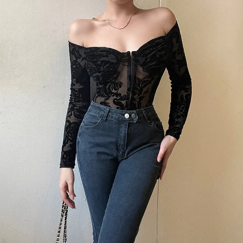 Uniwim barn jacket outfits Summer New Lace Printed Slim-Fit Jumpsuit Style Flocking off-Shoulder Long-Sleeved Top for Women