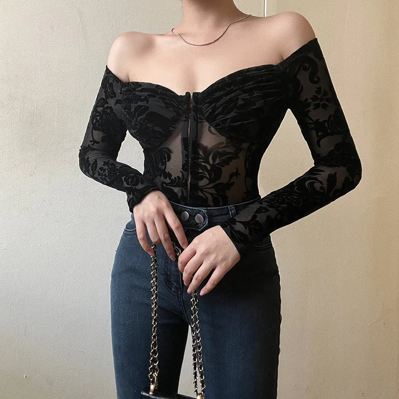 Uniwim barn jacket outfits Summer New Lace Printed Slim-Fit Jumpsuit Style Flocking off-Shoulder Long-Sleeved Top for Women