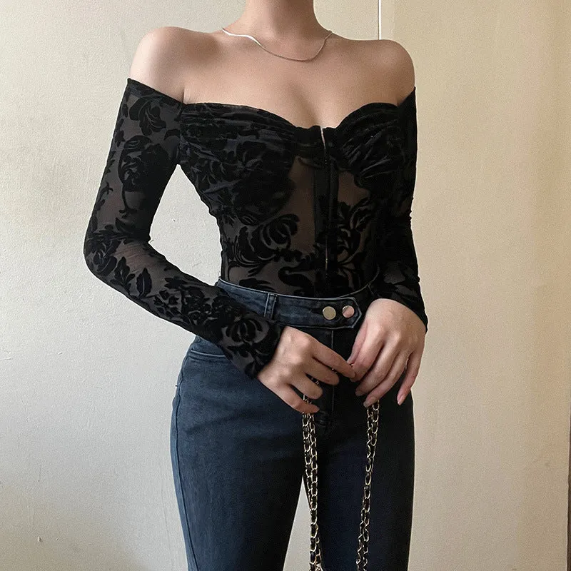 Uniwim barn jacket outfits Summer New Lace Printed Slim-Fit Jumpsuit Style Flocking off-Shoulder Long-Sleeved Top for Women