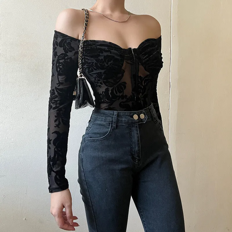 Uniwim barn jacket outfits Summer New Lace Printed Slim-Fit Jumpsuit Style Flocking off-Shoulder Long-Sleeved Top for Women