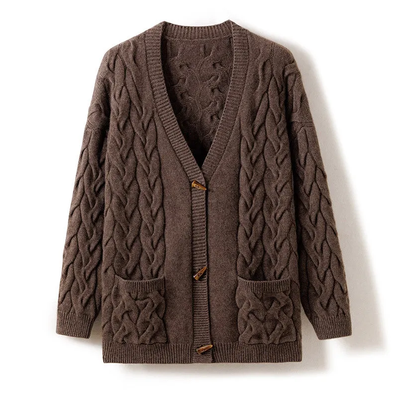 V-neck Mid-length Knitted Twist Coat Loose Long-sleeved Twisted sweater