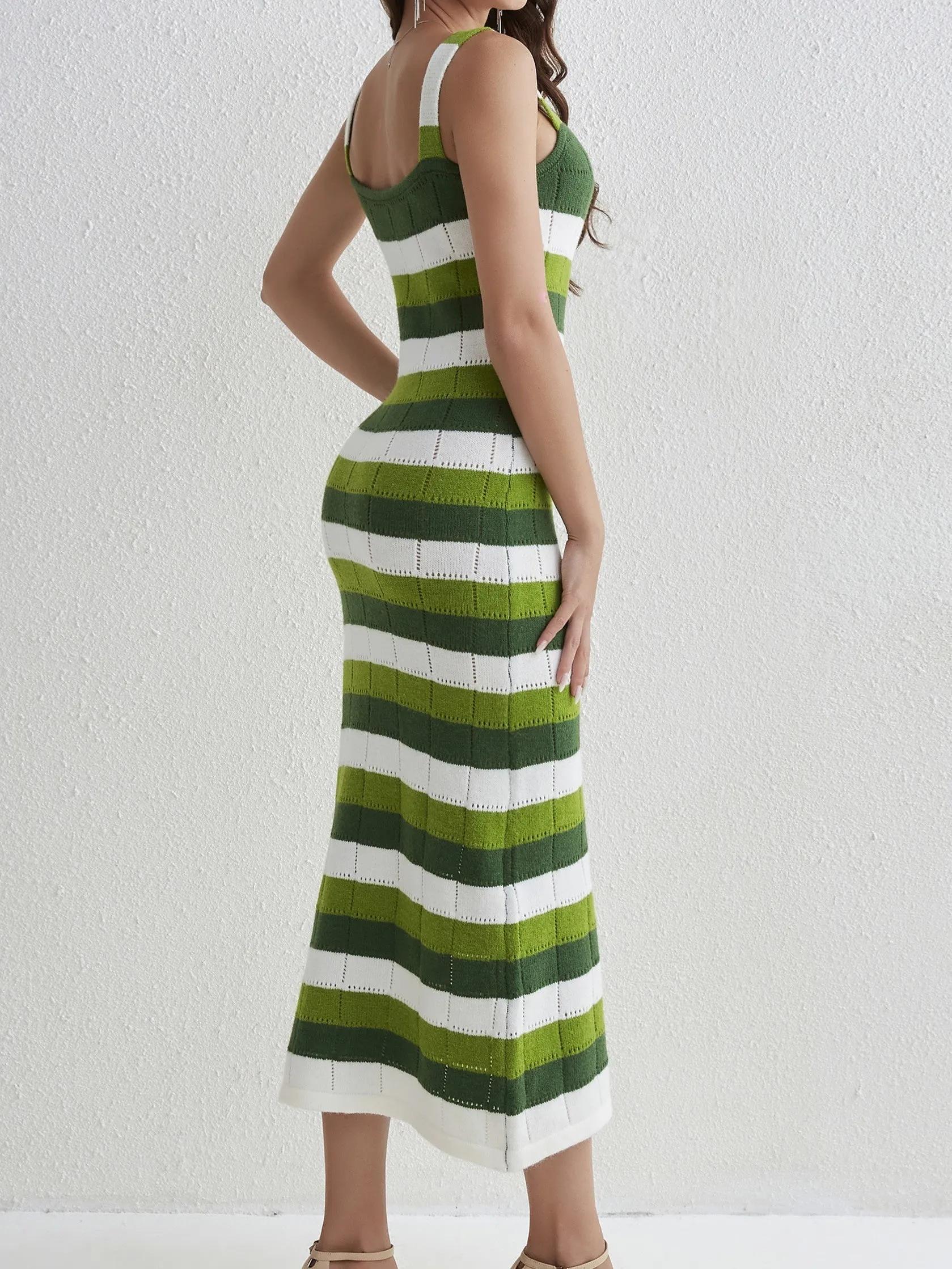 Vibrant Color Block Striped Midi Dress - Backless, Bodycon, Vacation-Ready, Womens Fashion Clothing - Perfect for Summer Getaways