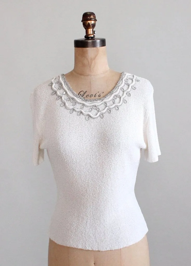 Vintage 1950s Rhinestone and Velvet Trimmed White Sweater