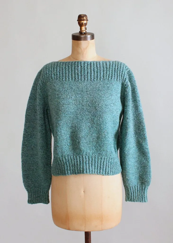 Vintage Blue Handknit Boatneck Sweater