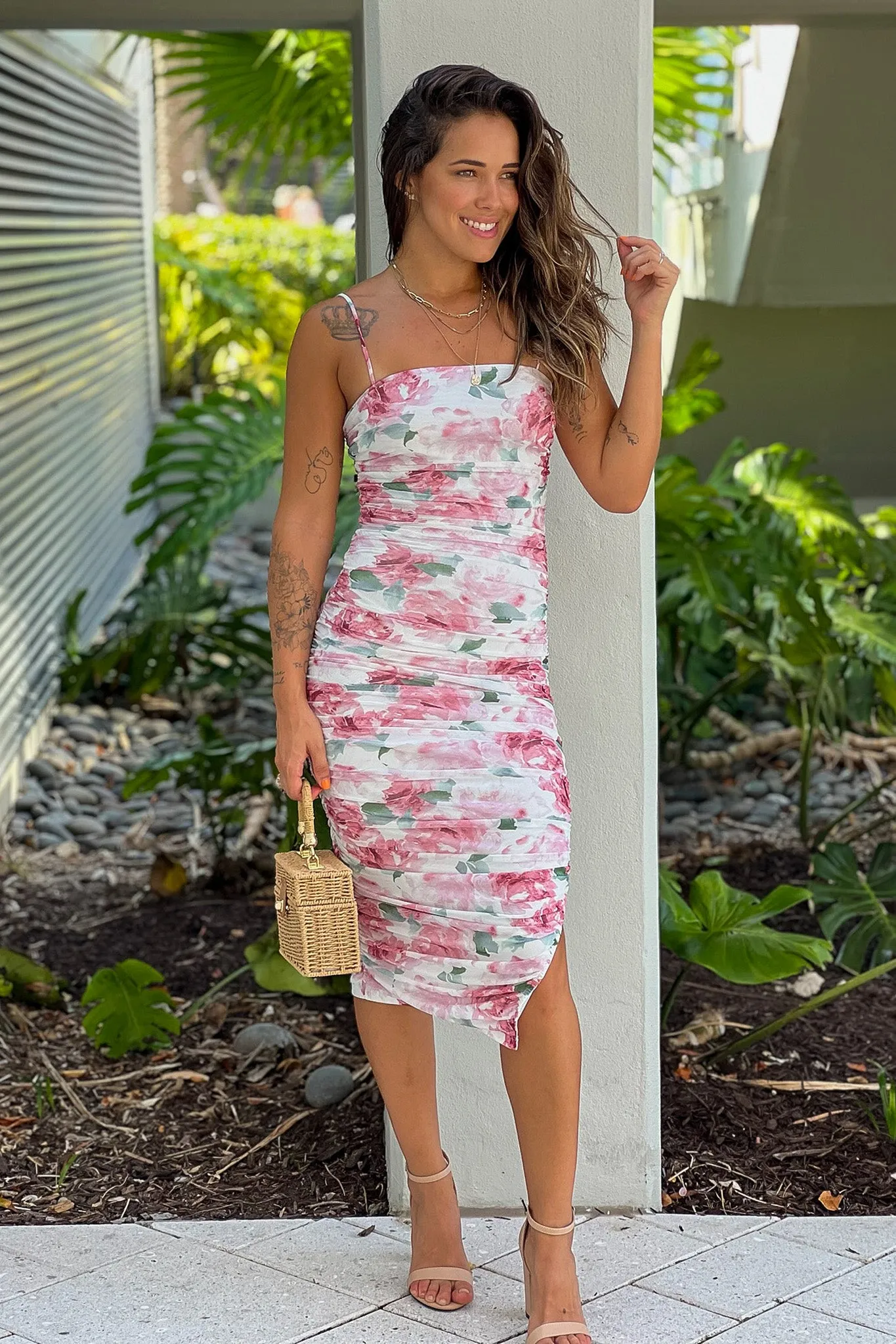 White Floral Ruched Dress With Side Slit