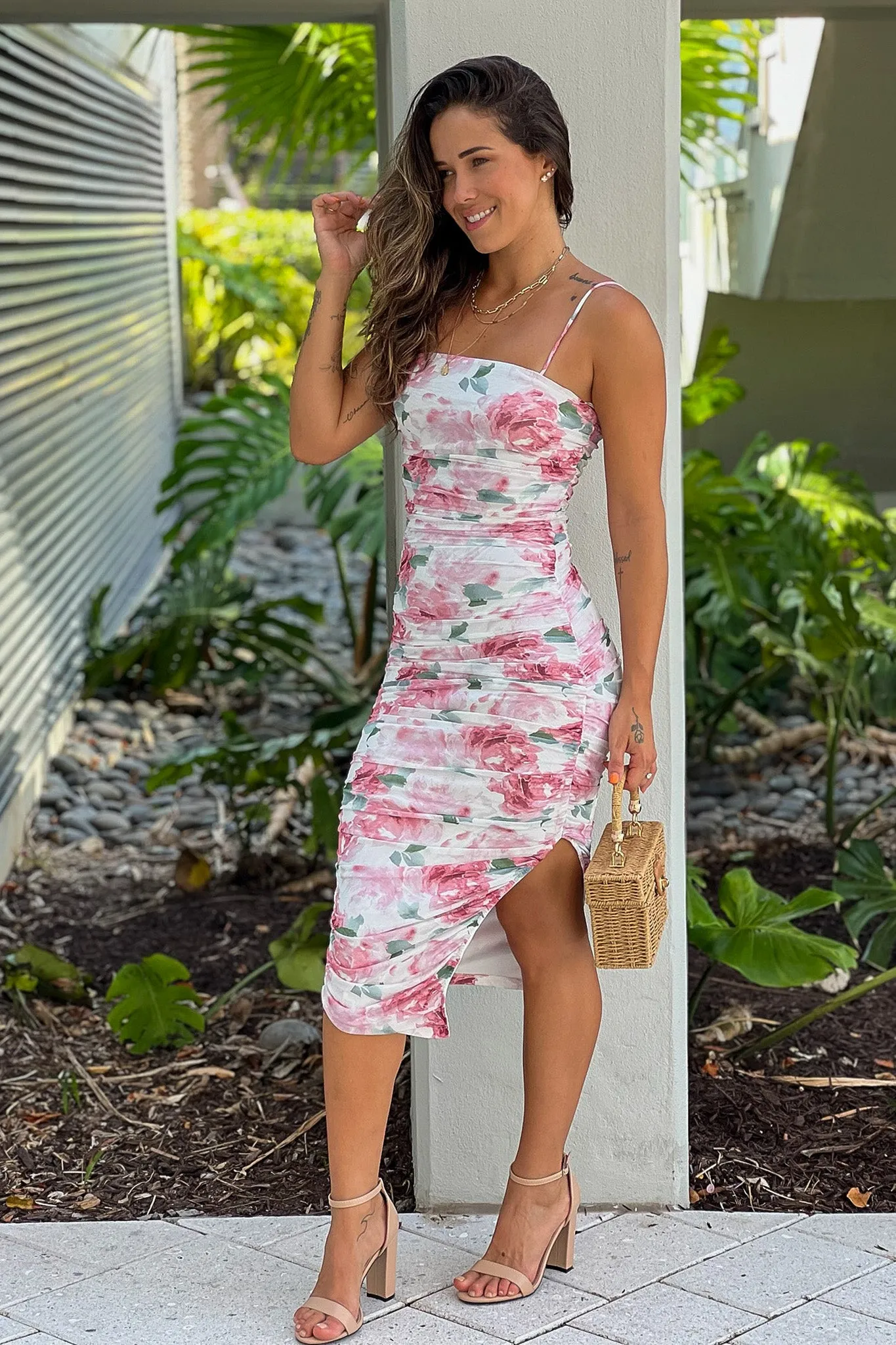 White Floral Ruched Dress With Side Slit