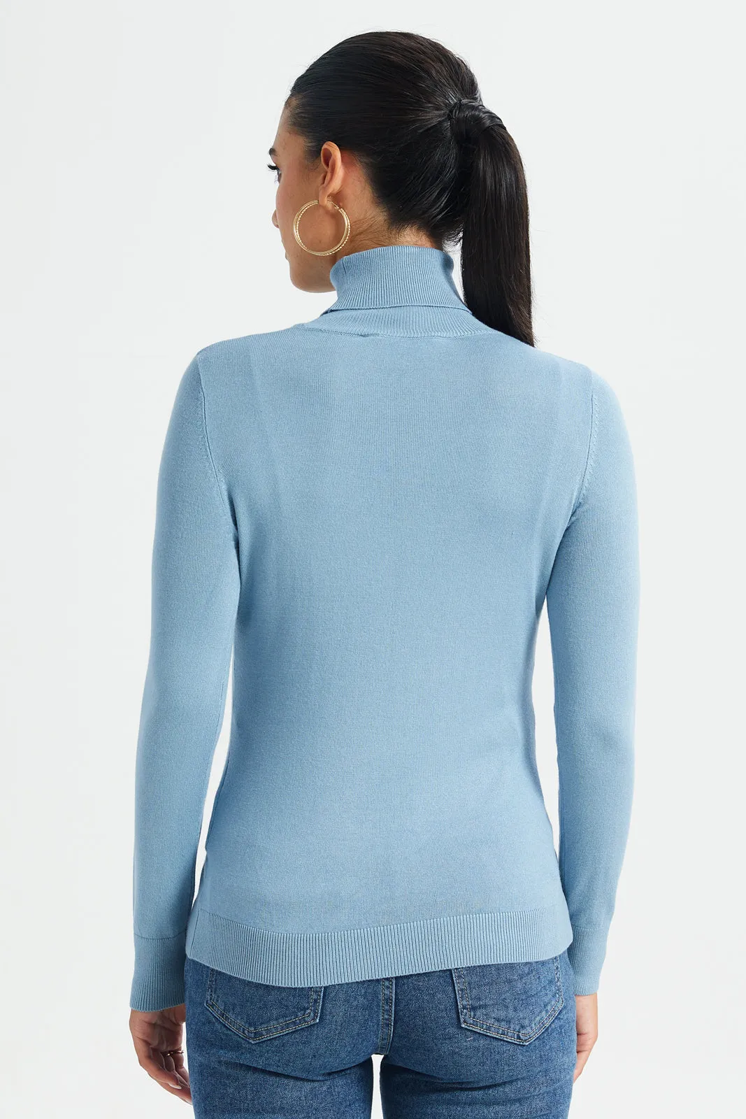 Women Blue Turtle Neck Pullover