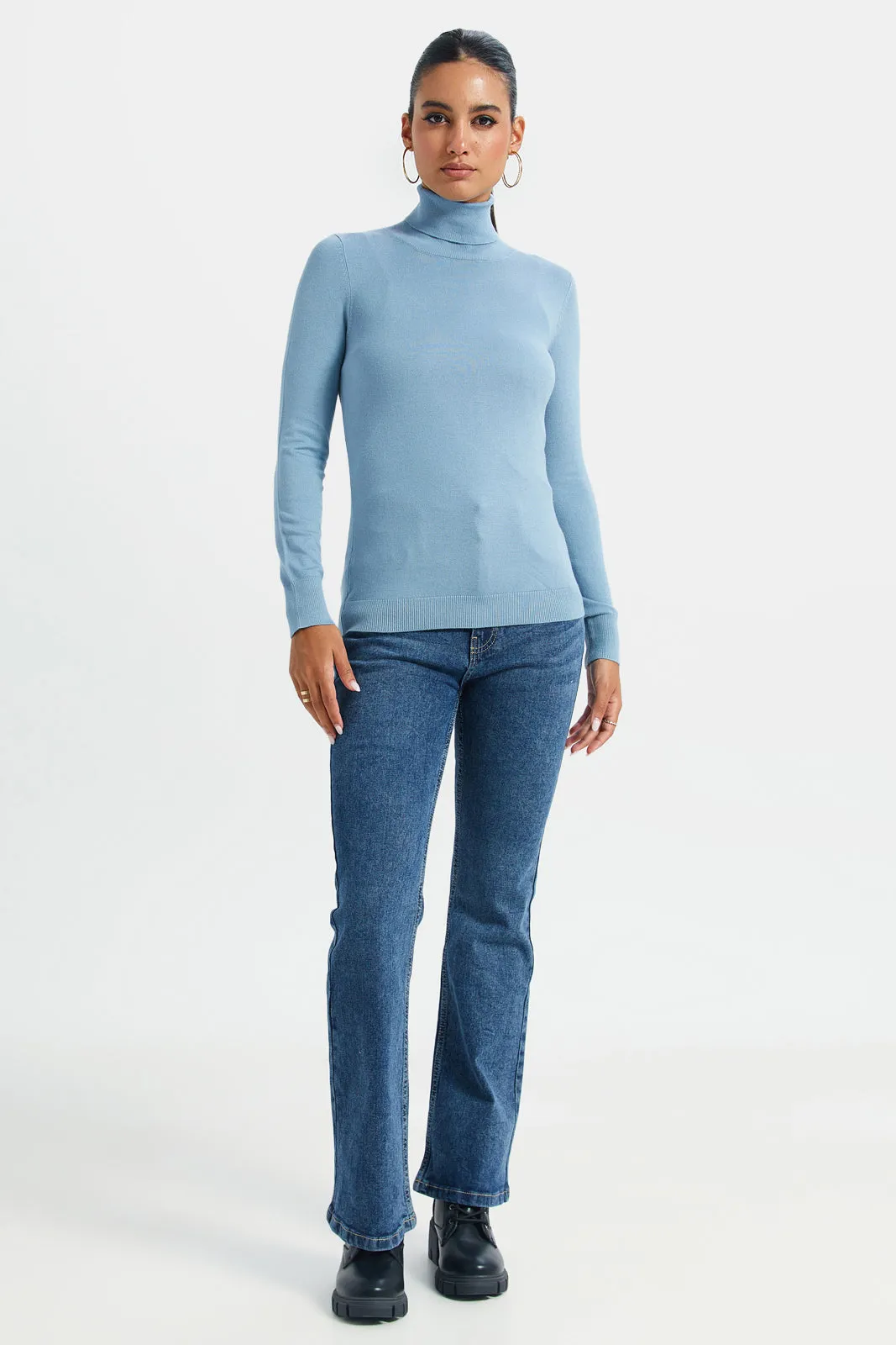 Women Blue Turtle Neck Pullover