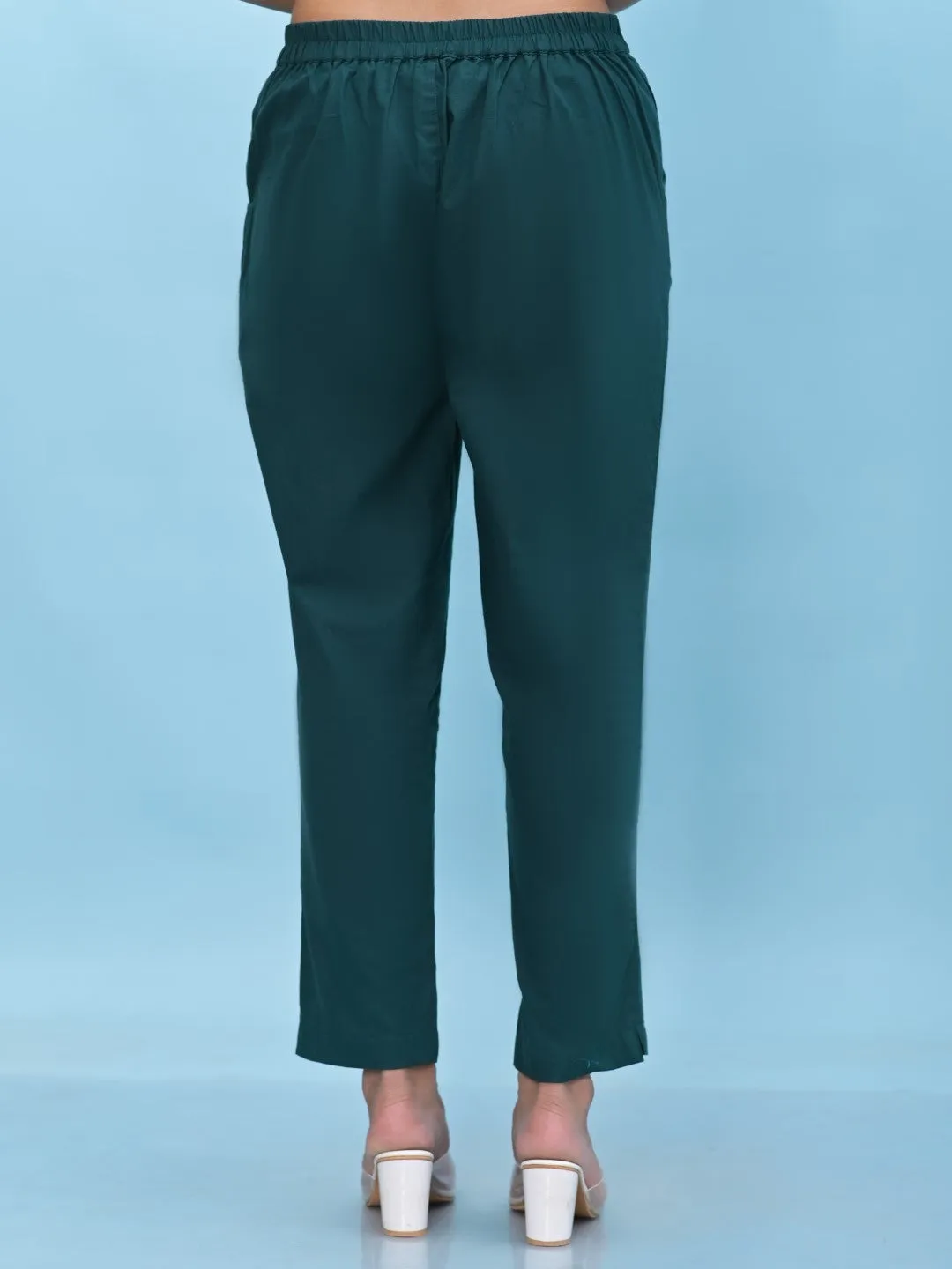 Women Green Solid Cotton Pants With Partially Elasticated Waistband And Two Side Pockets