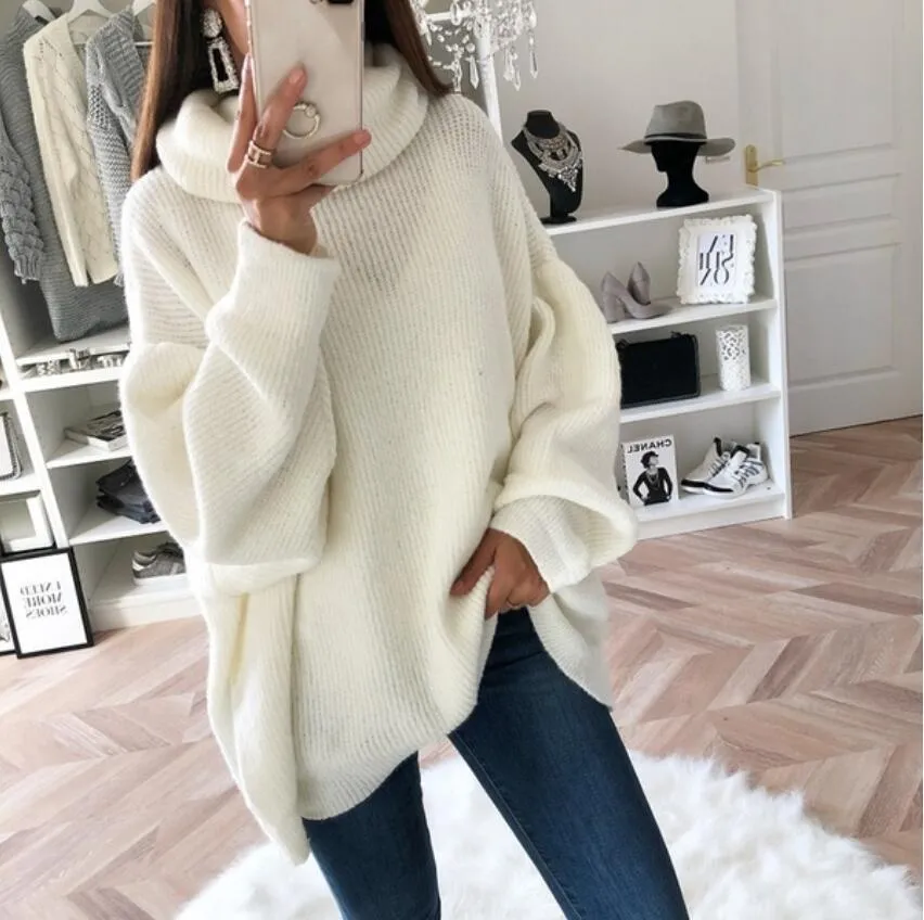 Women lantern sleeve knit pullover solid color turtleneck sweater